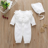 Baby Girl 2 Pieces Solid Color Ruffle Lace Bow-knot Decor Jumpsuit & Hat  White