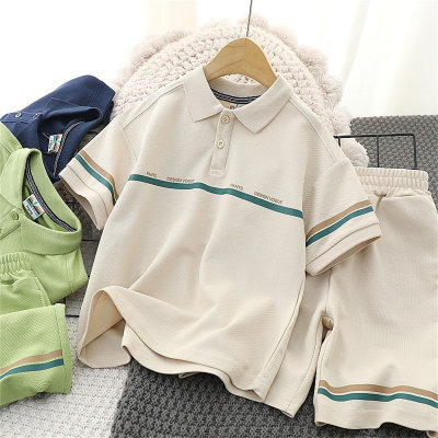 Camiseta infantil de manga curta, terno casual, camisa polo, shorts da moda para crianças médias e grandes, conjunto de 2 peças