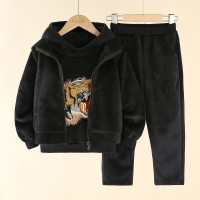 Felpa con cappuccio extra spessa stampata Kid Boy Tiger in 3 pezzi e giacca e pantaloni in tinta unita  Nero