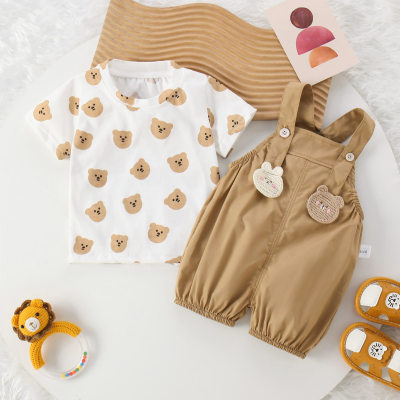 2-piece Baby Boy Allover Bear Printed Short Sleeve T-shirt & Solid Color Bear Decor Dungarees