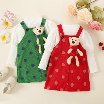3-piece Toddler Girl Solid Color Gigot Sleeve Top & Corduroy Polka Dotted Overall Dress & Removable Toy Bear
