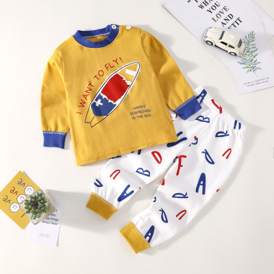 2-piece Toddler Boy Pure Cotton Letter Printed Long Sleeve Top & Allover Printed Pants
