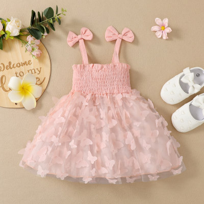 Baby Girl Beautiful Butterfly Applique Solid Color Smocking Suspender Skirt