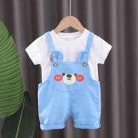 Girls summer short-sleeved solid color suit new style cartoon bear overalls baby summer two-piece suit  Blue