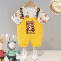 Girls summer casual short-sleeved suit new style baby cartoon bear baby girl summer two-piece suit  Yellow