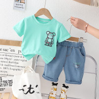 Wholesale children's clothing for boys aged 0-5 years old, small and medium-sized children's summer clothes, new short-sleeved children's cartoon round neck T-shirts and denim suits  Blue