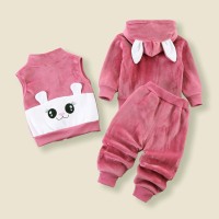 3-piece Toddler Girls Solid Color Rabbit Applique Top & Hooded Zipper Jacket & Matching Pants  Rose red