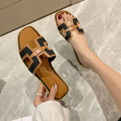 Women's slippers outdoor color matching flat vacation shoes one-line lazy retro fashion sandals casual