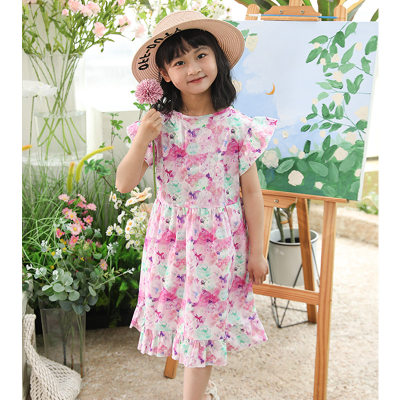 Vestido floral estilo pastoral romântico de verão para meninas, doce e brincalhão, mangas voadoras pequenas, saia ondulada, vestido de princesa