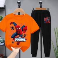 Ropa para niños Spider-Man, pantalones de manga corta, dos piezas, primavera y verano, nuevos trajes para niños, trajes para niños mayores, ropa para niños guapos, trajes de moda  naranja