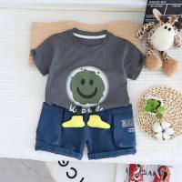 Ropa para niños Traje para niños Camiseta de diseño para niño Pantalones cortos de mezclilla casuales de color sólido de manga corta Traje cómodo de dos piezas de verano de moda  gris