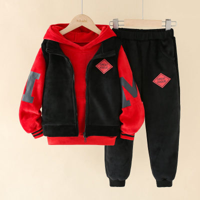 3-piece Kid Boy Letter Printed Extra Thick Hoodie & Letter Patter Zip-up Vest & Pants