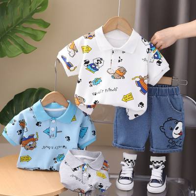 New style baby boy suit full print bear pine cone short sleeve suit trendy summer boy suit