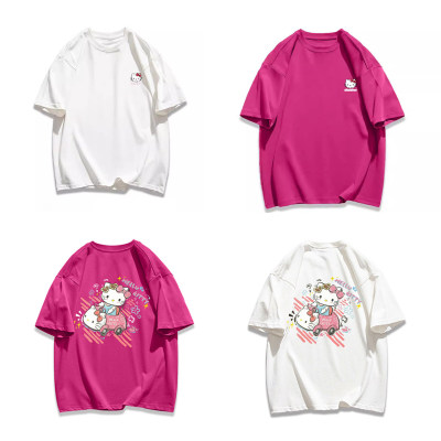Camiseta de manga curta com estampa de gato de desenho animado nicho versátil e bonito top de desenho animado