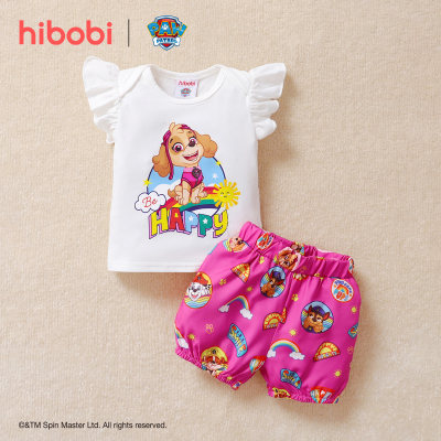 hibobi×PAW Patrol Baby Girl Conjunto de camiseta y pantalones de manga corta con estampado de dibujos animados y volantes