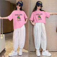 Girls summer loose casual sports suits for small and medium-sized children, fashionable and stylish bear short-sleeved T-shirt and white trousers  Pink