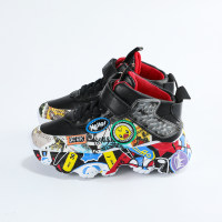 Kid Girl Color-block Graffiti Pattern Velcro Sneakers  Black
