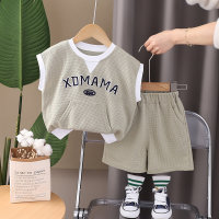 Boys summer new suits children's clothing small and medium children's round neck letter printed vest sports casual wear two-piece suit  Green