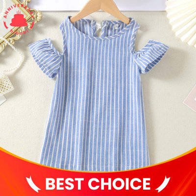 Toddler Stripes Short Sleeve Open Shoulder Dress