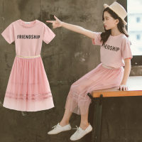 Summer children's pink short-sleeved T-shirt mid-length skirt two-piece suit  Pink