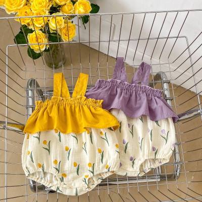 Summer gauze jumpsuit infant and toddler sleeveless suspender belt baby girl tulip print bag fart jumpsuit crawling suit