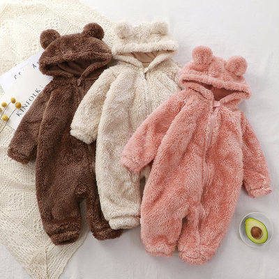 Baby Solid Color Hooded Zip-up Fleece-lined Long-sleeved Long-leg Plush Romper