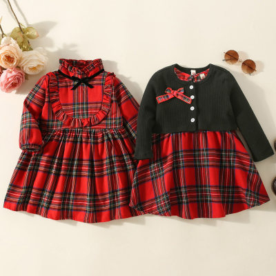 Brother and Sister Pure Cotton Plaid Sleeveless Dress & Solid Color Bowknot Decor Button-up Cardigan & Plaid Ruffled Long Sleeve Dress