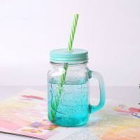 Gradient color Mason glass with straw handle cup creative juice cold drink cup retro rooster cup  Multicolor