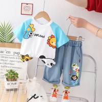Boys and children's clothing summer clothing 2023 new cartoon cute printed round neck short-sleeved shorts suit children's clothing trendy children  Blue