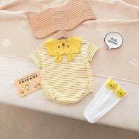 بذلة صيفية للأطفال الرضع، قطنية رقيقة مع أكمام قصيرة، مناسبة للذكور والإناث، تصميم مثلث لطيف وجذاب.  أصفر