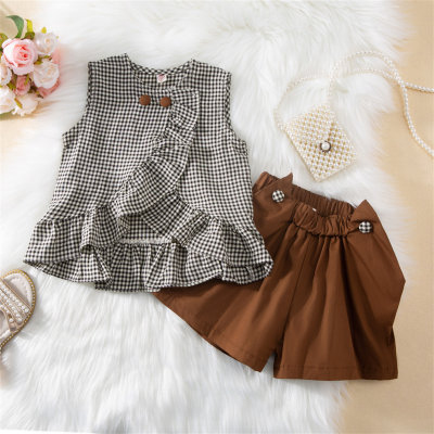 Toddler Girls Sleeveless Plaid Solid Top & Shorts