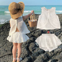 2021 girls' clothing, baby girl's sweet hollow cotton suit, summer girl's fashionable backless vest two-piece set  White