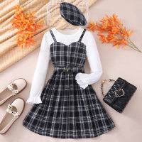 Kid Girl 2 in 1 Plaid Patchwork Belted Long Sleeve Dress with Matching Beret  Blue