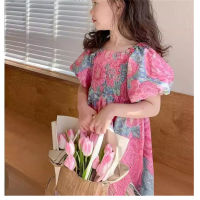فستان بناتي بأكمام قصيرة مزين بالزهور على الطراز الرعوي للأطفال بأكمام منتفخة عصري  وردي 
