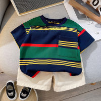 Boys summer suit 2023 new children's striped T-shirt color matching children's overalls two-piece set  blue strips