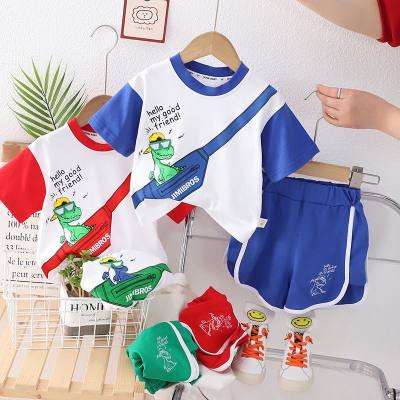 2023 New Boys Summer Clothes Children's Clothes for Small and Medium-sized Children Baby Cartoon Printed Round Neck Short Sleeve Shorts Suit Trendy Children's Clothes