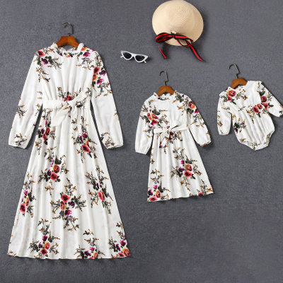 Elegant Floral Print Long Sleeve Dress for Mom and Me