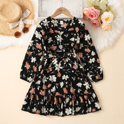 Kid Girl Allover Floral Printed Ruffled Bowknot Belted V-neck Long Sleeve Dress