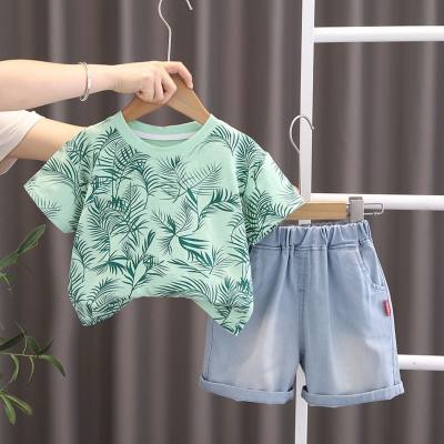 Summer outerwear for infants and young children, fashionable, full-printed leaves, round-neck, short-sleeved, thin suits, trendy boys' summer suits