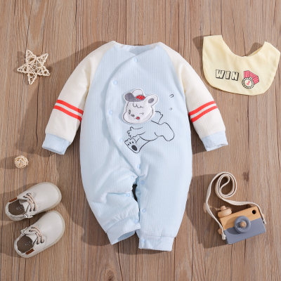 2 Pcs Newborn Baby Cute Running Puppy Graphic Color-block Thickened Warm Fabric Jumpsuit & Bib For Autumn Winter