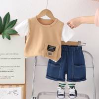 Boys summer short-sleeved suit 2024 new baby children's clothing summer pocket clothes boy baby summer two-piece suit  Khaki