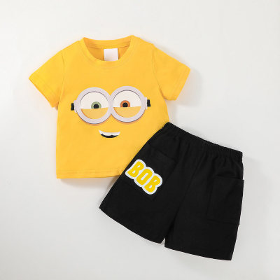 Minions × hibobi Traje de pantalón negro con parte superior amarilla estampada para niño y bebé