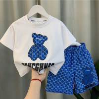 Summer boys' suits summer clothes 2022 new pure cotton short-sleeved tops ice silk shorts medium and large children's western style two-piece set  Blue