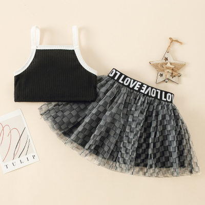 Toddler Girls Cotton Letter Plaid Solid Top & Mesh Hem Skirt Dress Set