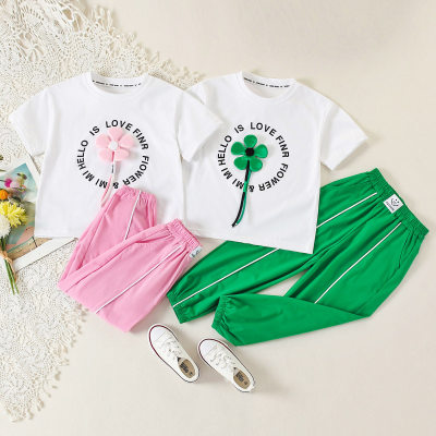 Kids Girls Sports Style Three-Dimensional Flowers Top& Solid Color Sweatpants Suit