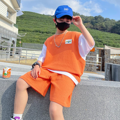 Boys summer suit 2024 new medium and large children's waffle two-piece set for boys, fashionable, handsome, trendy and thin
