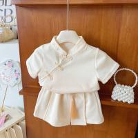 Girls fashionable short-sleeved suits summer new style little girl skirt and pants two-piece suit  Apricot