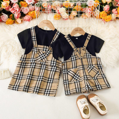 Causal Plaid Print T-shirt & Shorts Suit for Brother and Sister