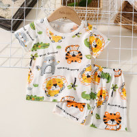 Camiseta de manga corta con estampado de animales de dibujos animados de algodón puro para niños pequeños de 2 piezas y pantalones cortos a juego  Amarillo