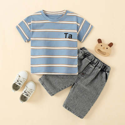 Toddler Boy Stripes Pattern Short Sleeve T-shirt & Denim Shorts